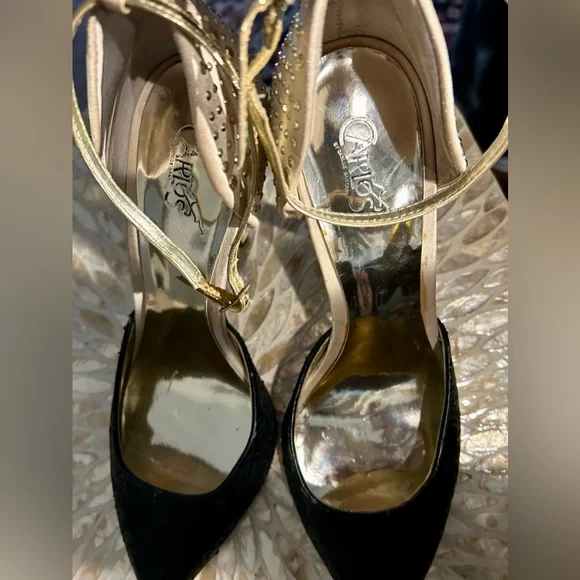 Carlos Santana Gaia Black and Gold Shimmer Studded Heels - Picture 7 of 8